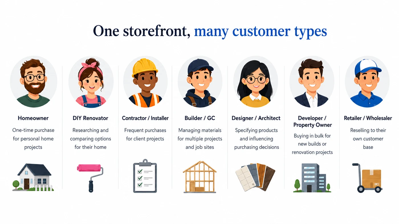 Seven customer types the storefront served, from homeowner and DIY renovator through contractor, builder, designer, developer and retailer
