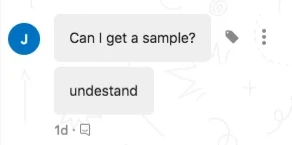 The original in-app chat: a customer asks whether they can get a sample.