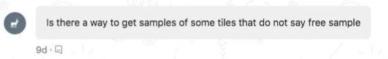 The original in-app chat: a customer asks whether tiles not marked free sample can still be sampled.