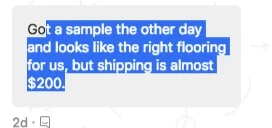 The original in-app chat: a customer says the sample arrived and looks right, but shipping was almost $200.