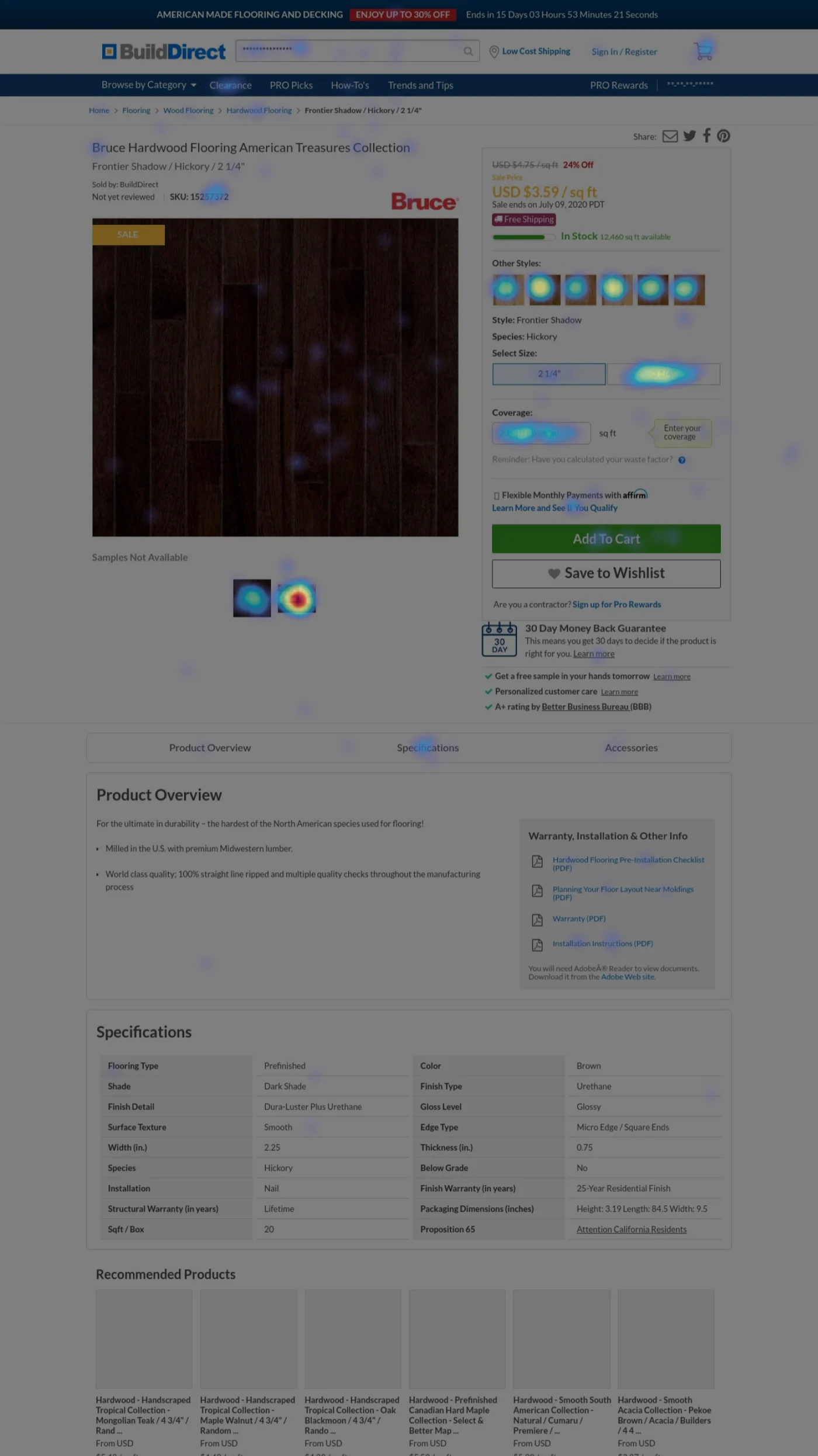 A click heatmap of the same product page: clicks concentrated on the gallery thumbnails, the size selector and the buttons, with very few below the fold
