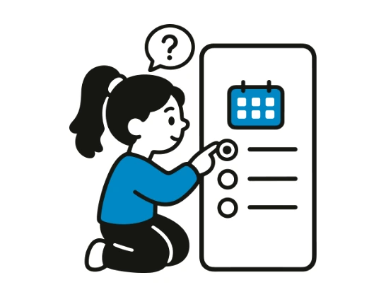 A shopper kneeling to tap the first item on a checklist beside a calendar, with a question mark above them.