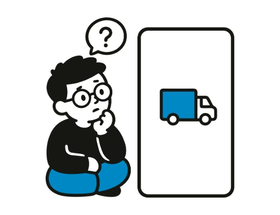 A shopper sitting with a hand to their chin beside a screen showing a delivery truck, with a question mark above them.