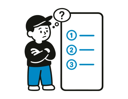 A shopper with folded arms looking at a numbered list of three steps, with a question mark above them.