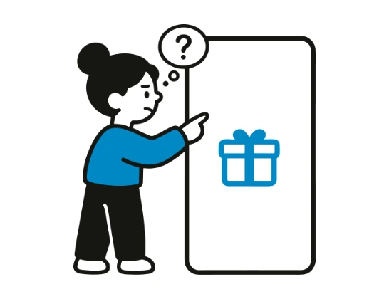 A shopper pointing at a gift box on a screen, with a question mark above them.