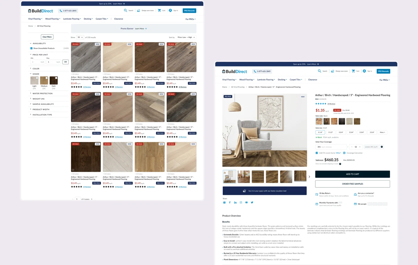 The redesigned BuildDirect product listing page beside a product detail page