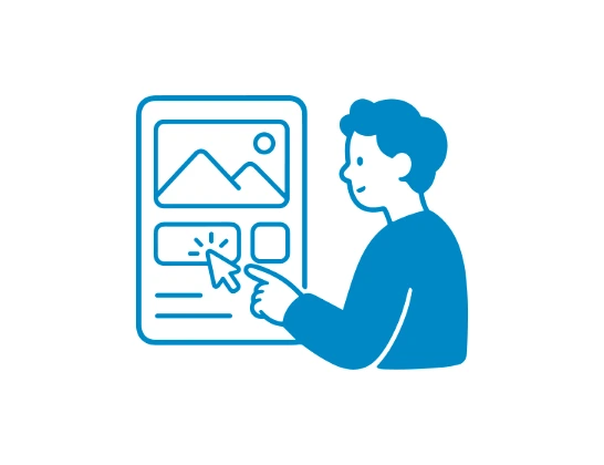 A shopper reaching towards a screen where a cursor is clicking a button among an image and two tiles.