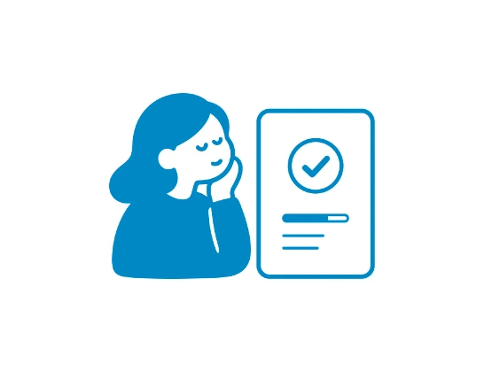 A shopper resting their chin on a hand beside a screen showing a tick in a circle and a progress bar.