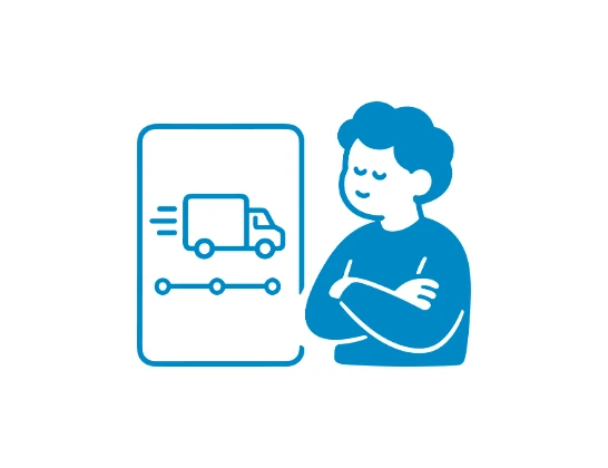 A screen showing a delivery truck and a three-stop progress tracker, with a shopper standing beside it, arms folded.