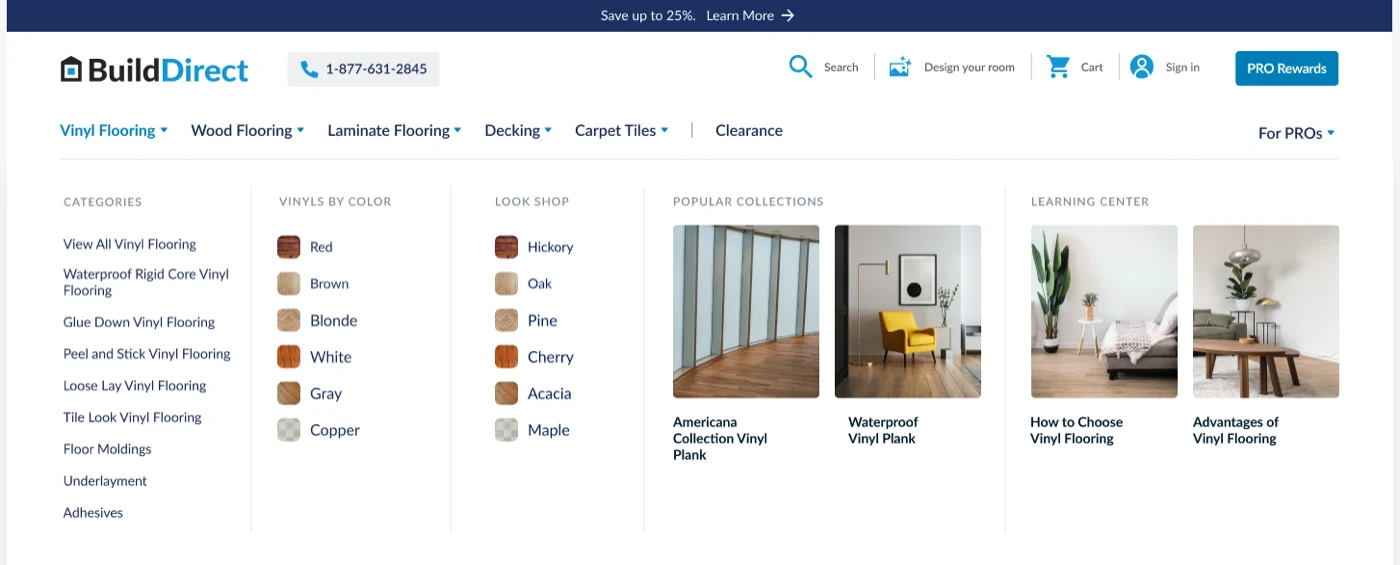 The new header. Vinyl Flooring, Wood Flooring, Laminate Flooring, Decking and Carpet Tiles run across the top, with Clearance and For PROs. Opening one shows a full-width panel: the categories in that family, vinyls by colour, a look shop, popular collections and a learning centre.