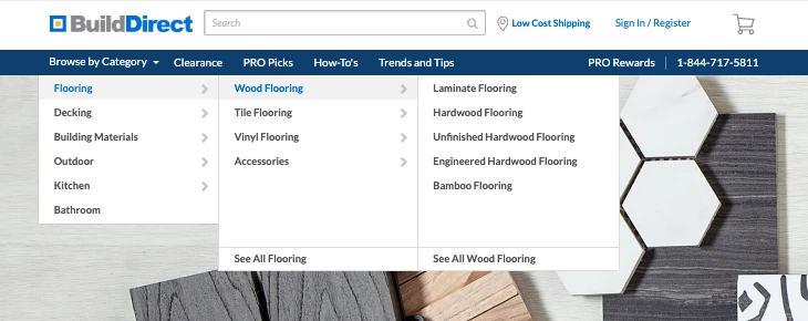 The old site header, cropped to the menu. Browse by Category opens three cascading columns: Flooring, then Wood Flooring, then Laminate, Hardwood, Unfinished Hardwood, Engineered Hardwood and Bamboo Flooring.