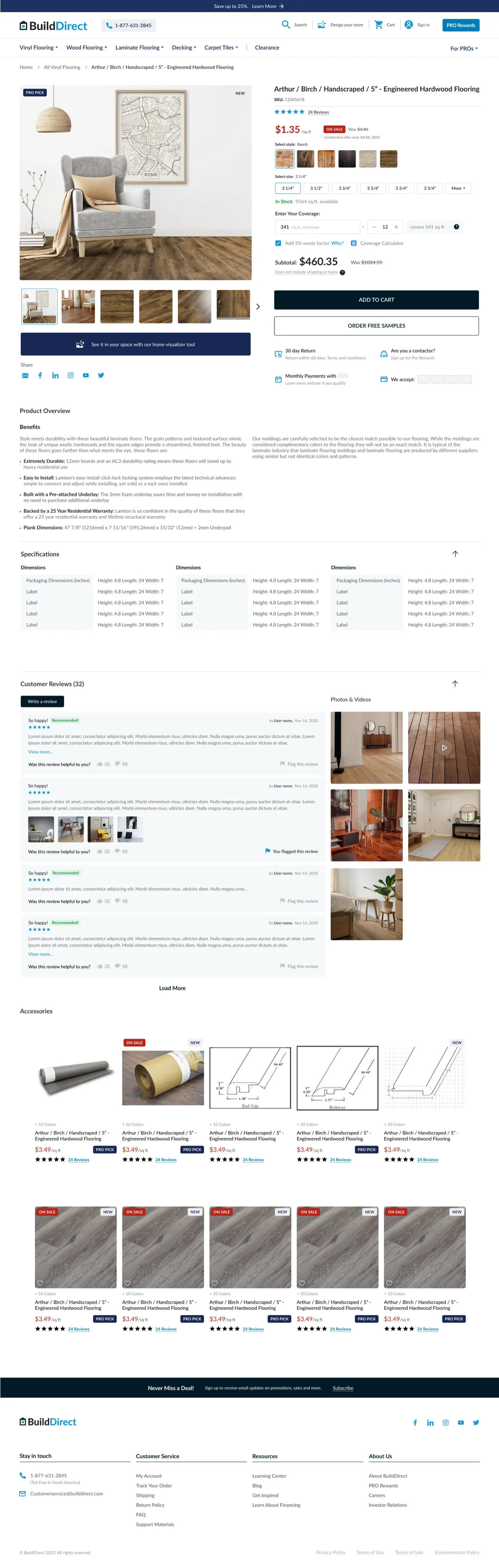 The first screen of the redesigned product page. Price per square foot, style and size swatches, a coverage field with a waste factor and a calculator, a subtotal of $460.35, Add to Cart and Order Free Samples.