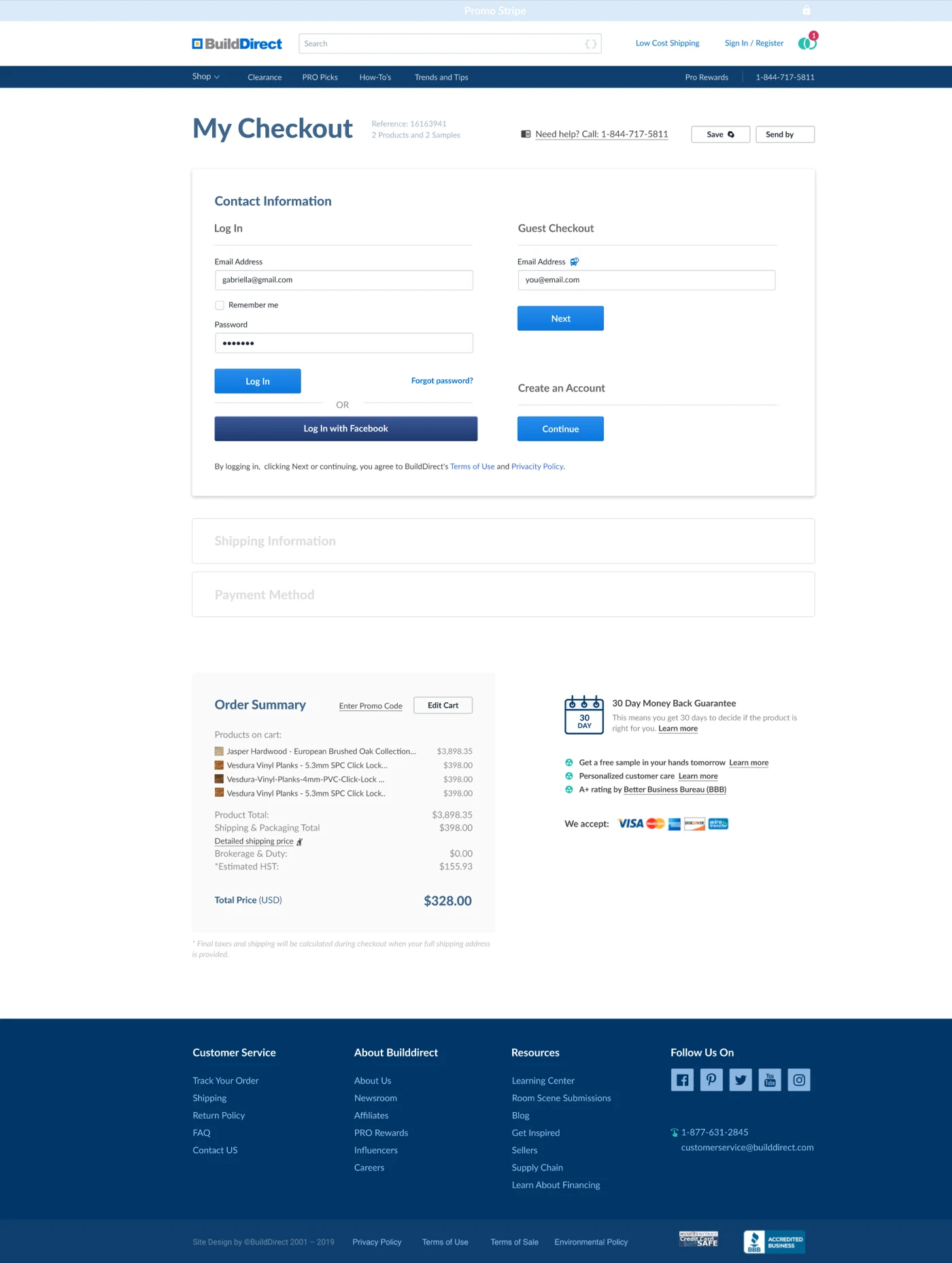 The first checkout step: log in on the left, guest checkout on the right, with shipping and payment collapsed below and the order summary at the foot