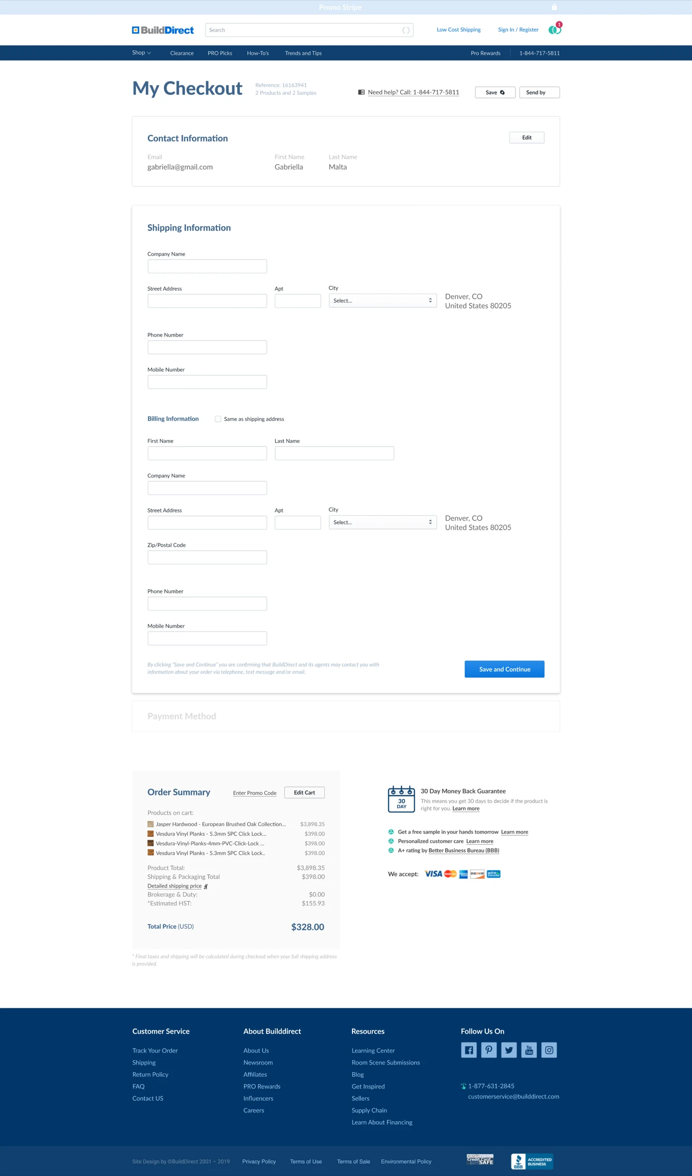 The shipping step, with company, street, city, phone and mobile, then the same fields again for billing
