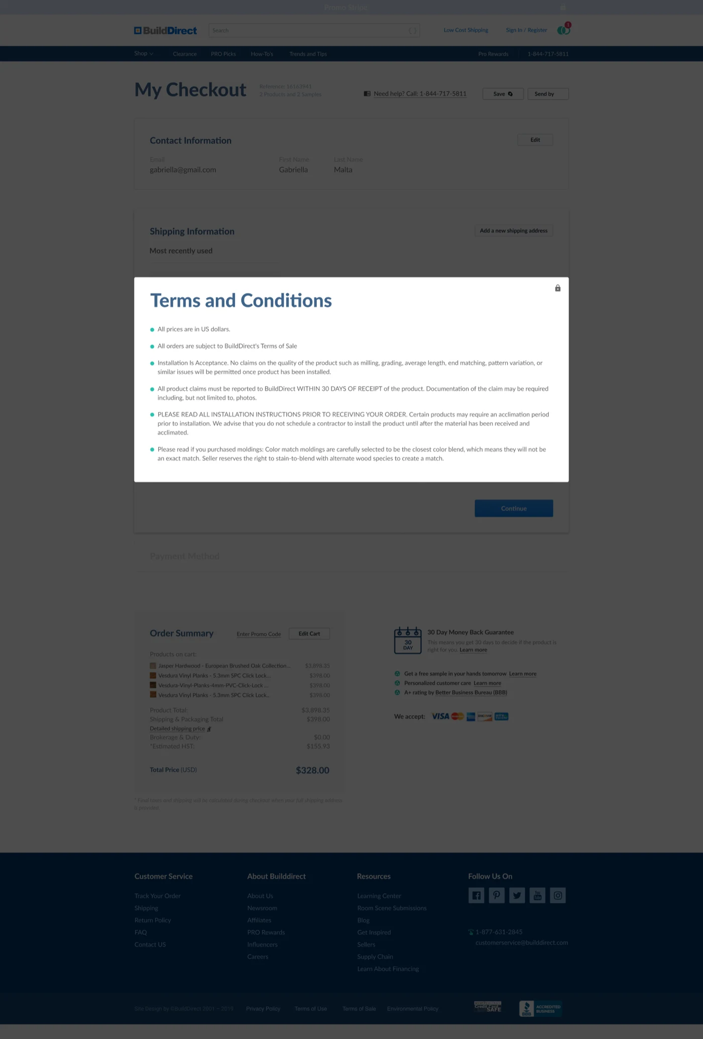 A terms and conditions dialog covering the checkout, listing return, installation and colour-match conditions before the order can continue