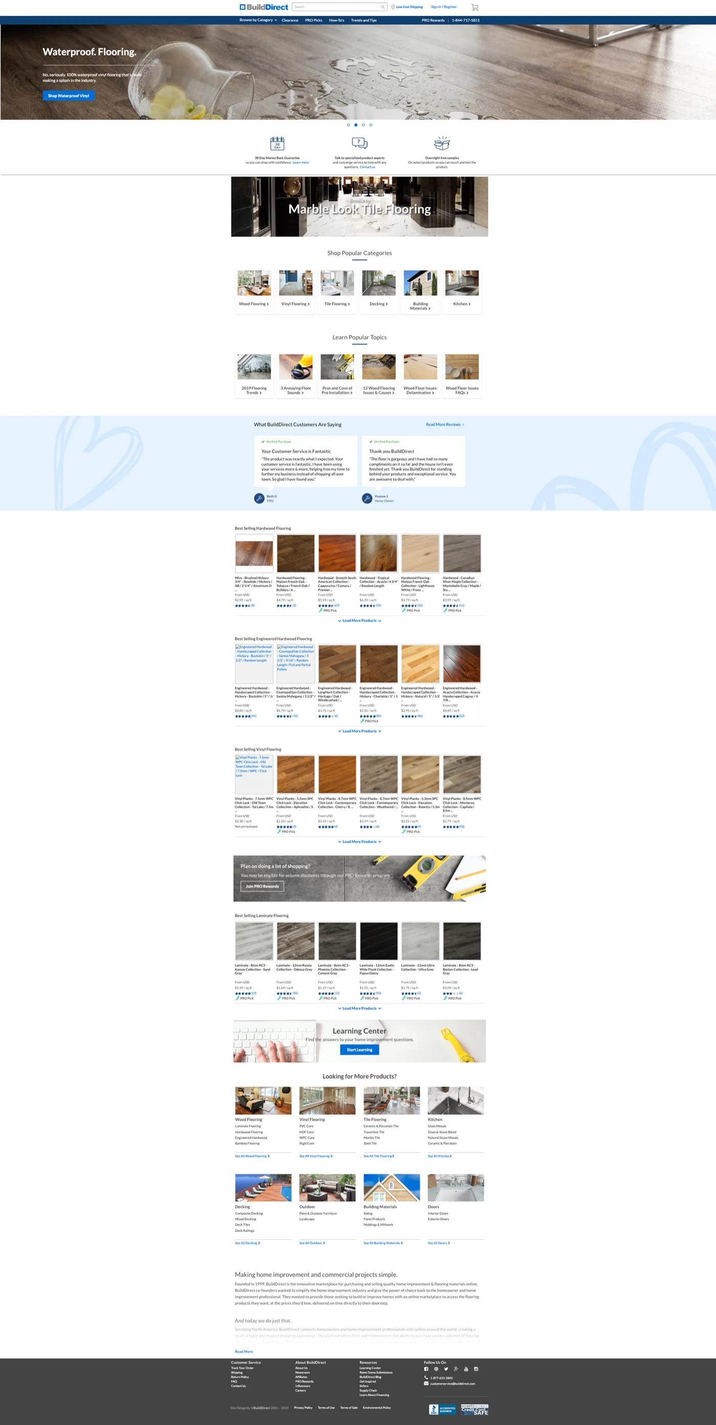 The old BuildDirect homepage, from the waterproof-flooring banner down through best-selling categories