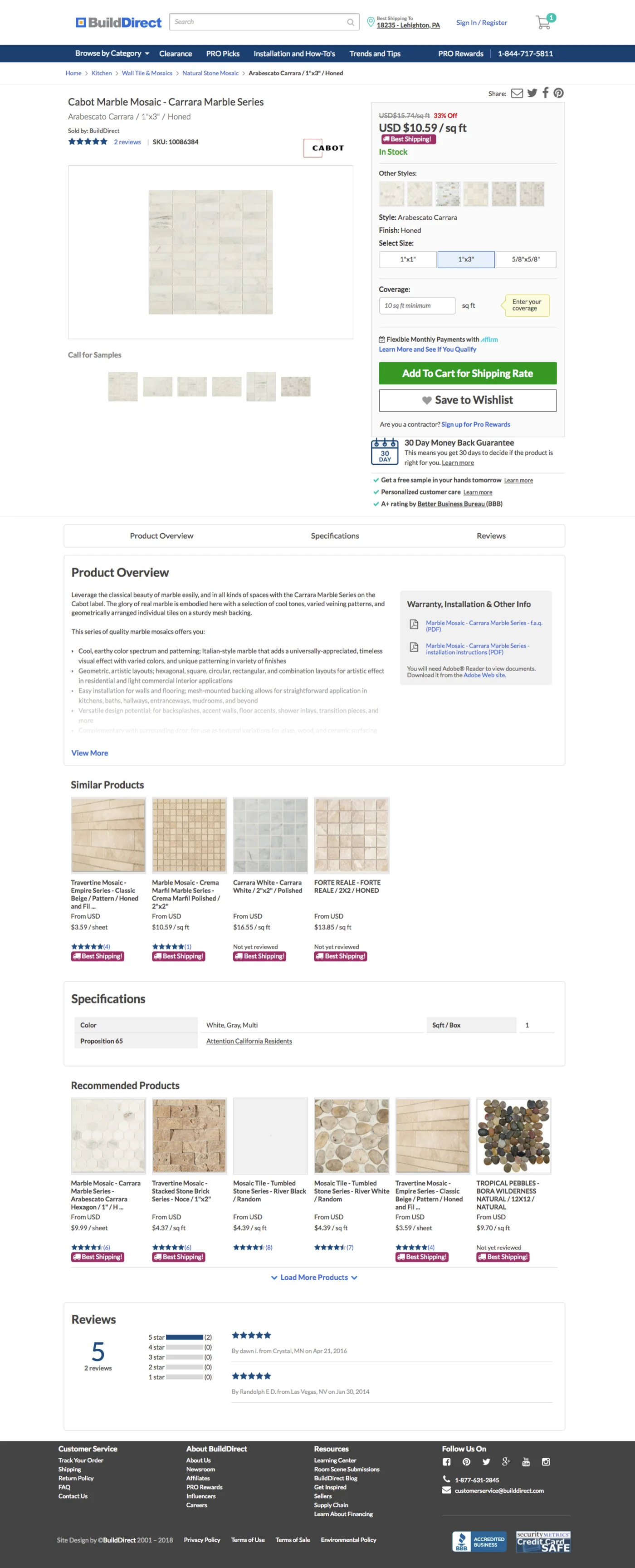 A product page for a marble mosaic, with the specifications table below the product overview and similar products