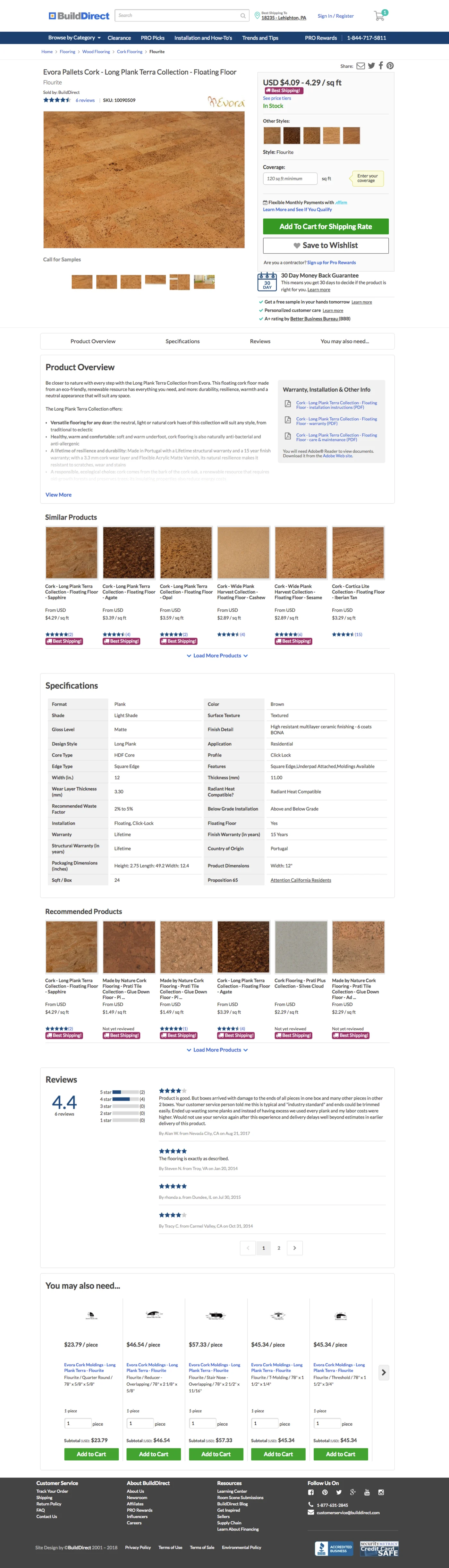 A cork flooring product page, where the specifications sit below the overview and a row of similar products