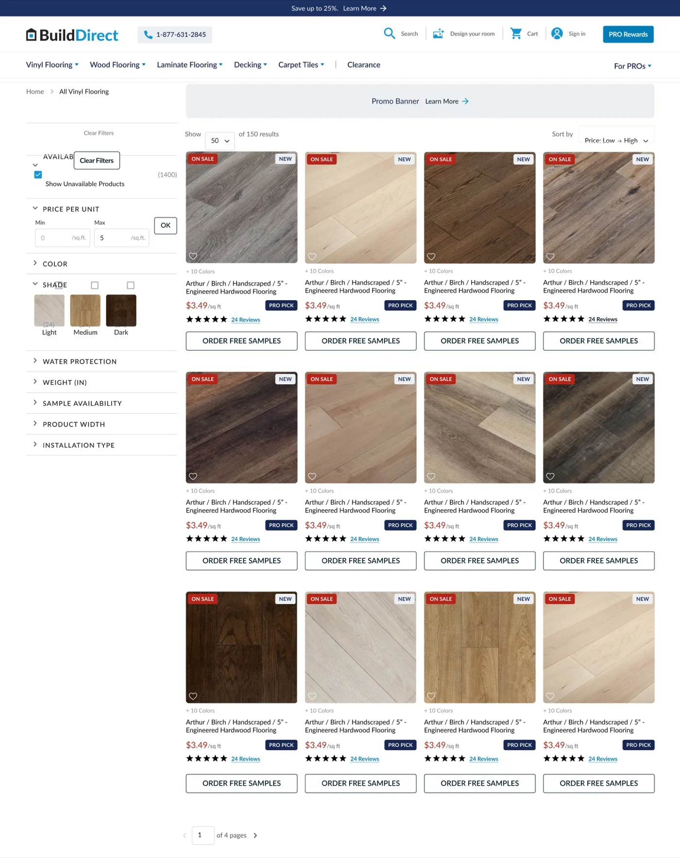 The listing page. Filters run down the left; twelve product cards fill the rest, and every card carries an outlined Order Free Samples button under its price and rating.