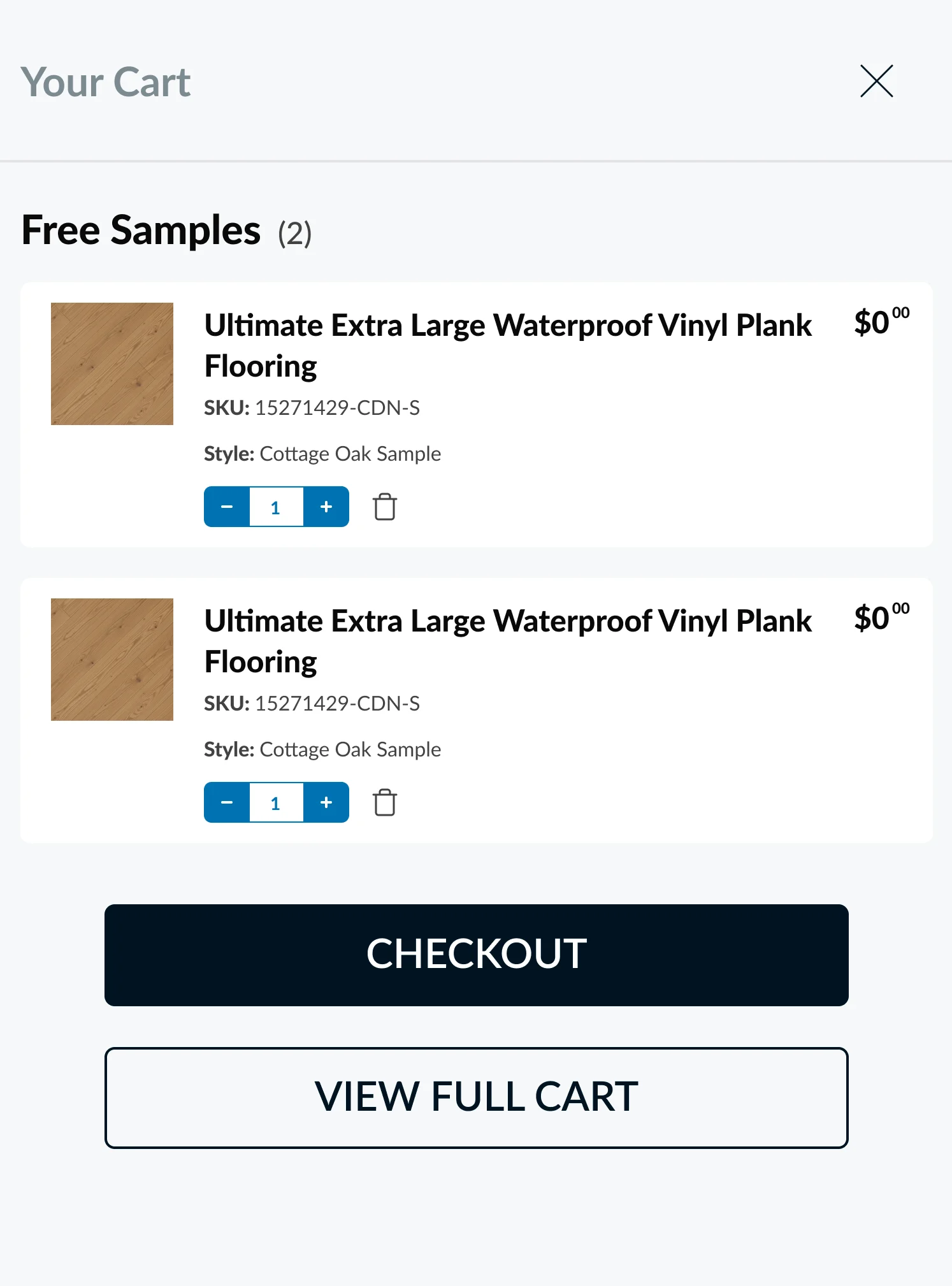 The new Your Cart panel: a Free Samples section of two items at $0.00 each with quantity steppers, above Checkout and View Full Cart.