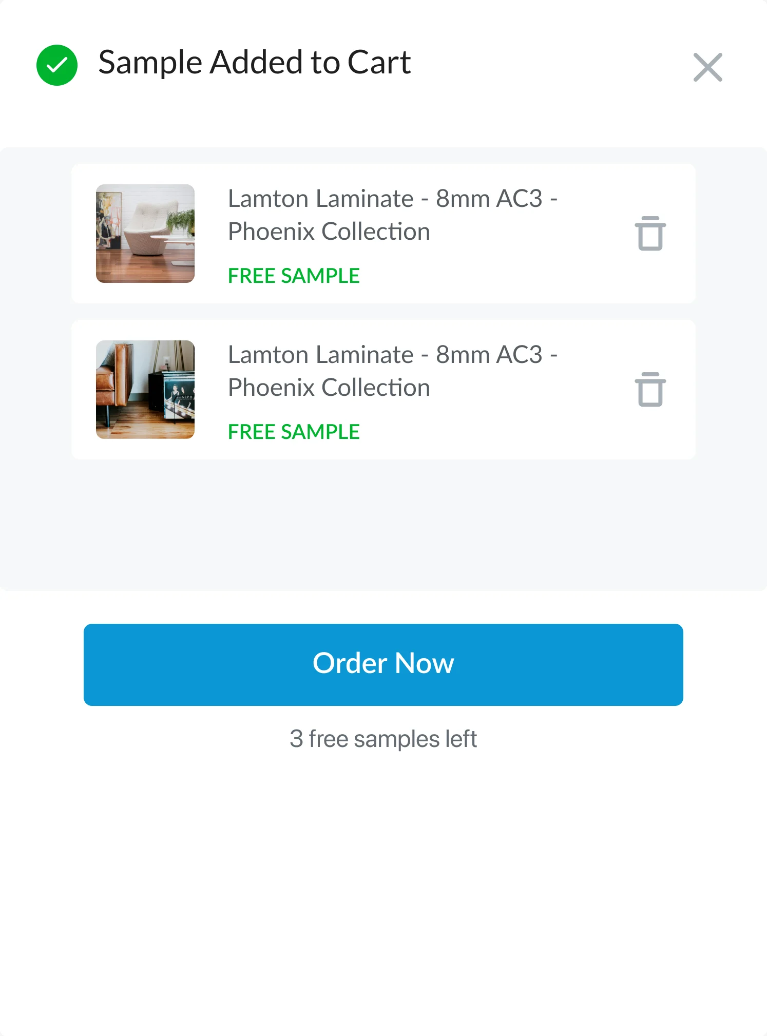 The old Sample Added to Cart panel: two laminate samples marked FREE SAMPLE, an Order Now button and three free samples left.