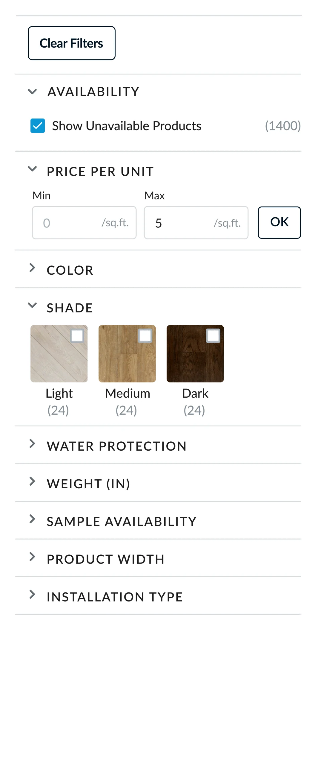 The old filter panel: eight collapsed groups with large headings.