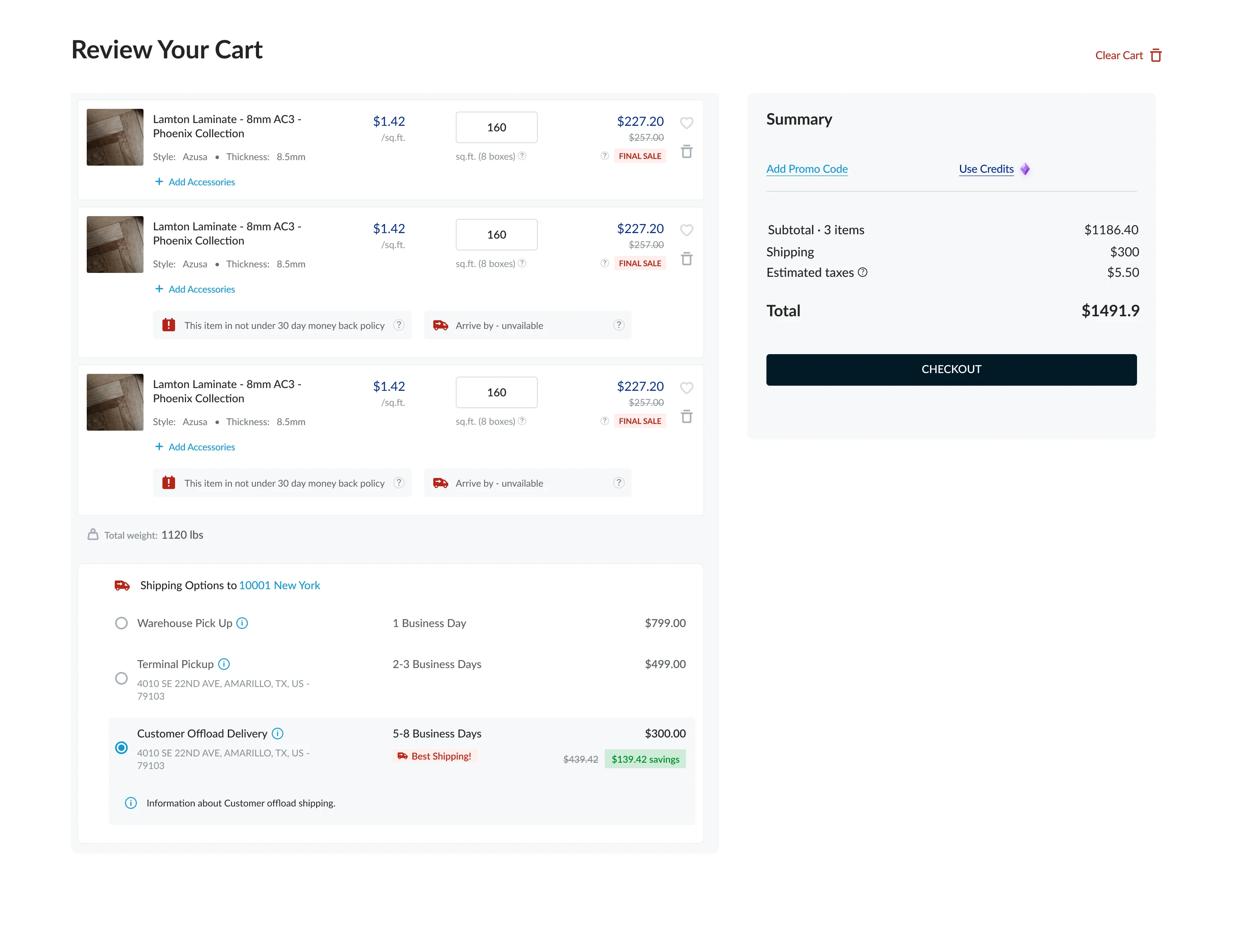 The new cart: a compact summary of subtotal, shipping, estimated taxes and one total, above Checkout.