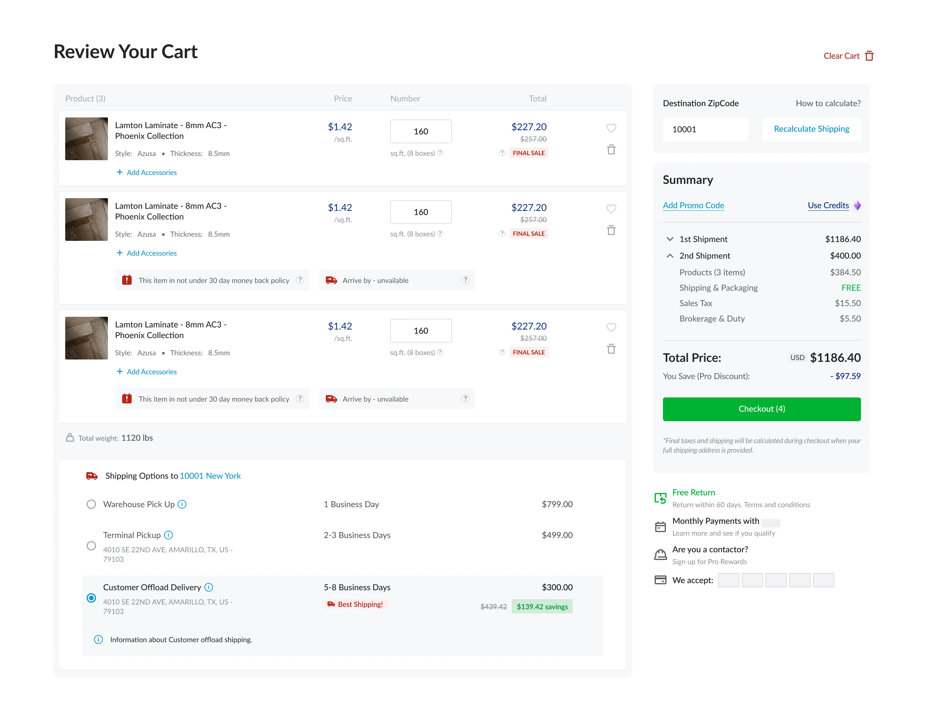 The old Review Your Cart: shipping options, a destination zip field and a long summary of shipment groups, product totals, shipping and packaging, sales tax, brokerage and duty.