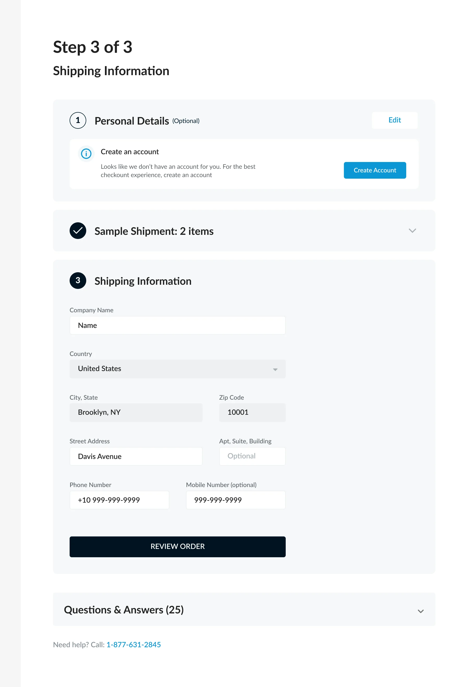 The new checkout: the same panels numbered one, two and three under a Step 3 of 3 heading, the first two ticked, above Review Order.