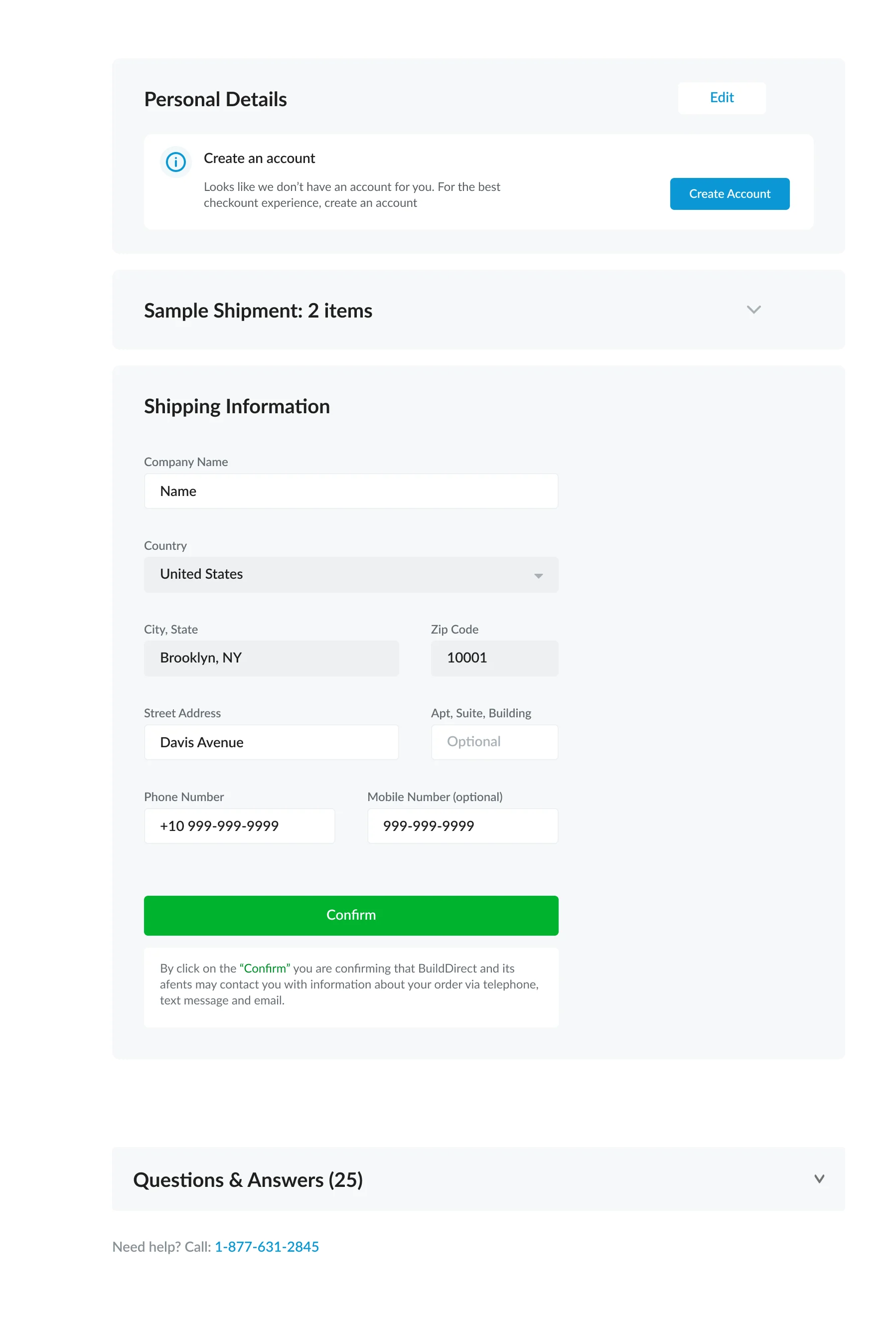 The old checkout: Personal Details, Sample Shipment and Shipping Information stacked as unnumbered panels above a Confirm button.