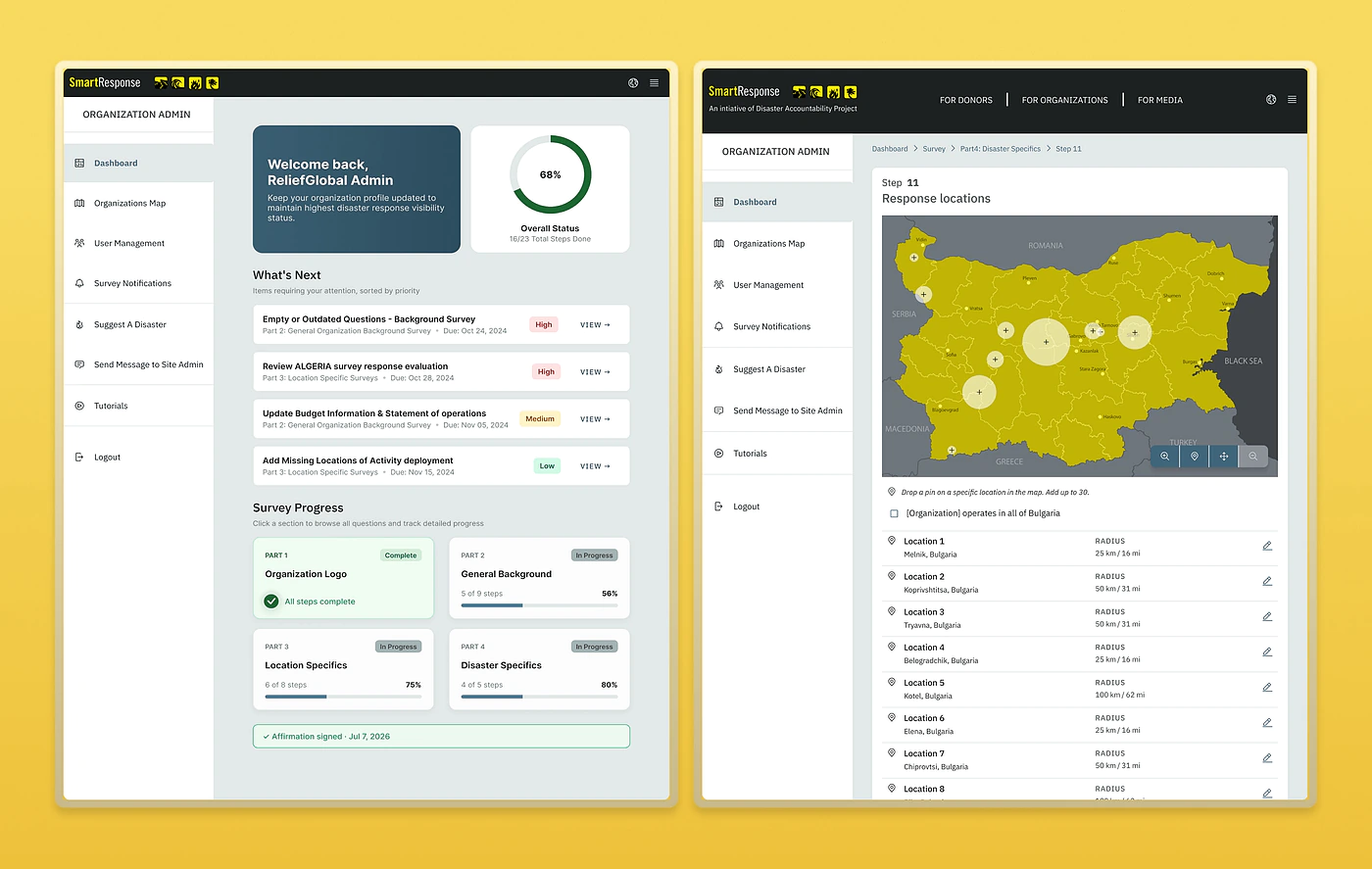 The redesigned Smart Response dashboard beside the survey&rsquo;s response-locations step