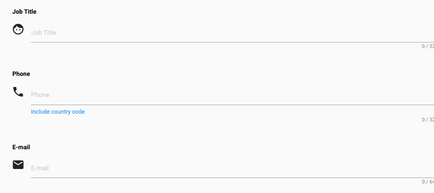 The earlier form: job title, a bare Phone field with a blue include-country-code link under it, and e-mail