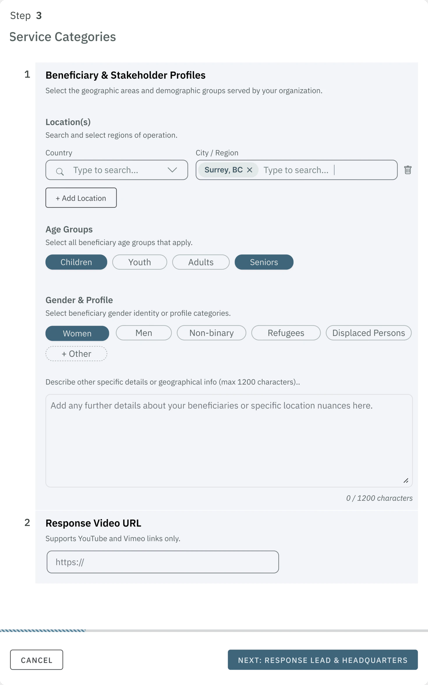 The redesigned step: searchable country and region fields, selectable age and profile chips, and a free-text box kept for anything the lists do not cover