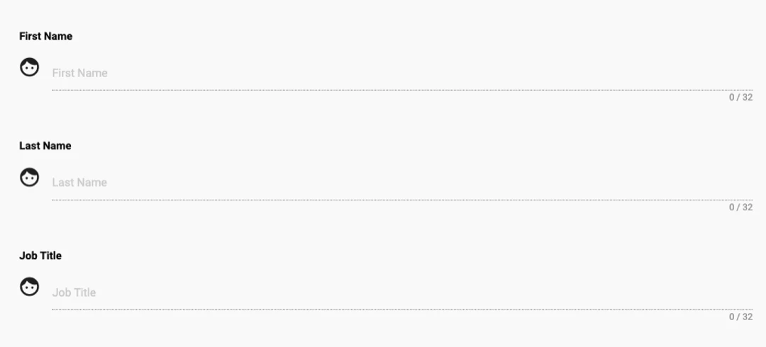 Step 3 of the old survey: first name, last name and job title, each a free-text field with its own 32-character counter