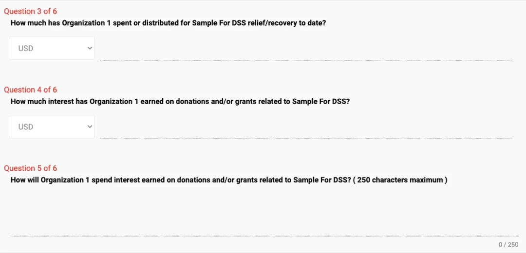 Step 4 of the old survey: two currency amounts typed by hand, then a 250-character free-text answer about how interest would be spent