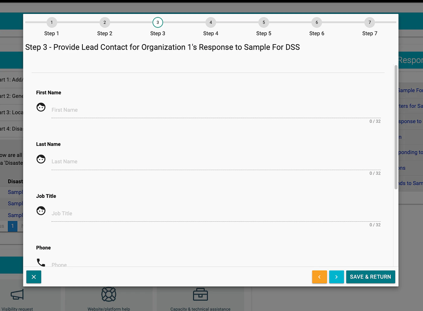 Step 3 of 7: providing a lead contact for the organization