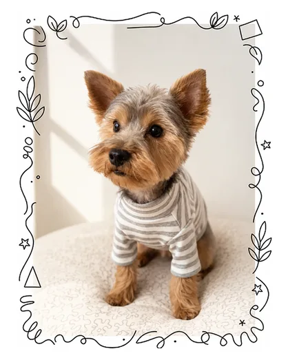 Pineapple, a Yorkshire terrier in a striped jumper