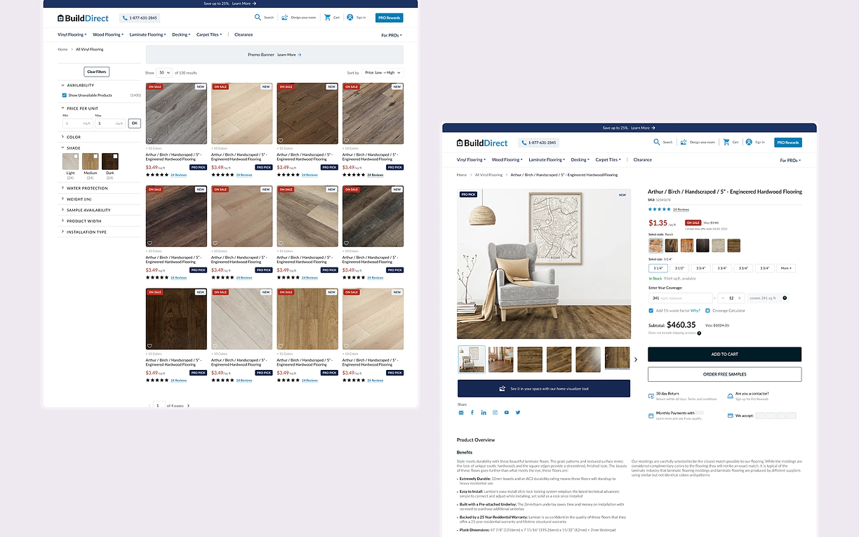 Two BuildDirect product listing screens, overlapping
