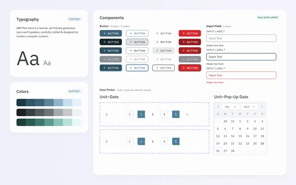 Design system documentation: type scale, components and colour ramps